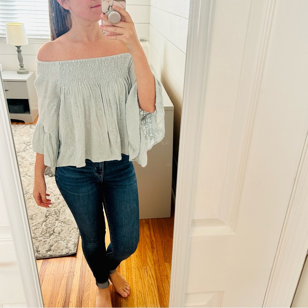 Olivaceous Light Blue Off the Shoulder Top with Bell Sleeves
